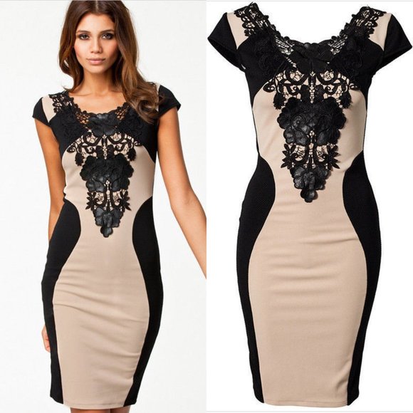 Dresses & Skirts - Leather and Lace Black Nude Tan  Body Con Dress M